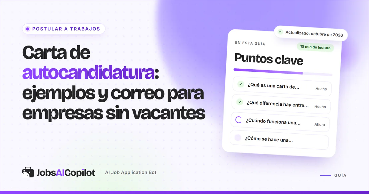 Carta de autocandidatura: una carta breve y un correo a una empresa sin vacantes, en una portada violeta de JobsAICopilot