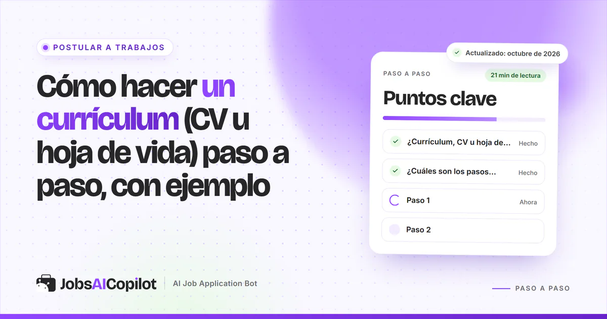 Cómo hacer un currículum: un CV de una columna con sus apartados resaltados sobre una portada violeta