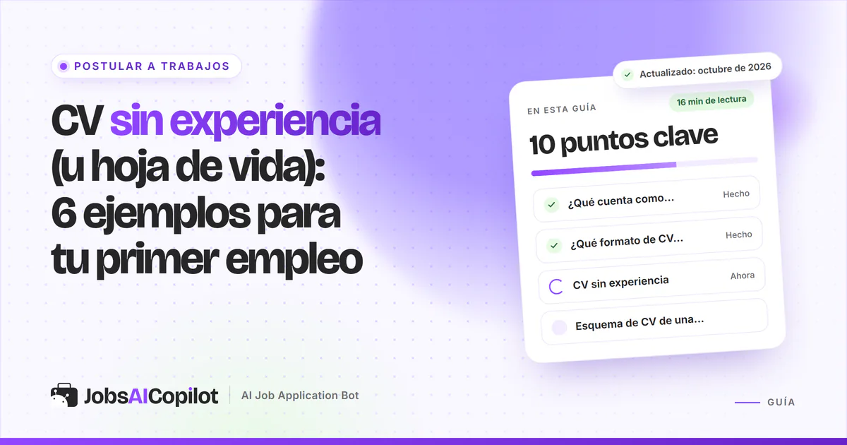 CV sin experiencia: un currículum de una página con perfil, competencias y formación sobre una portada violeta