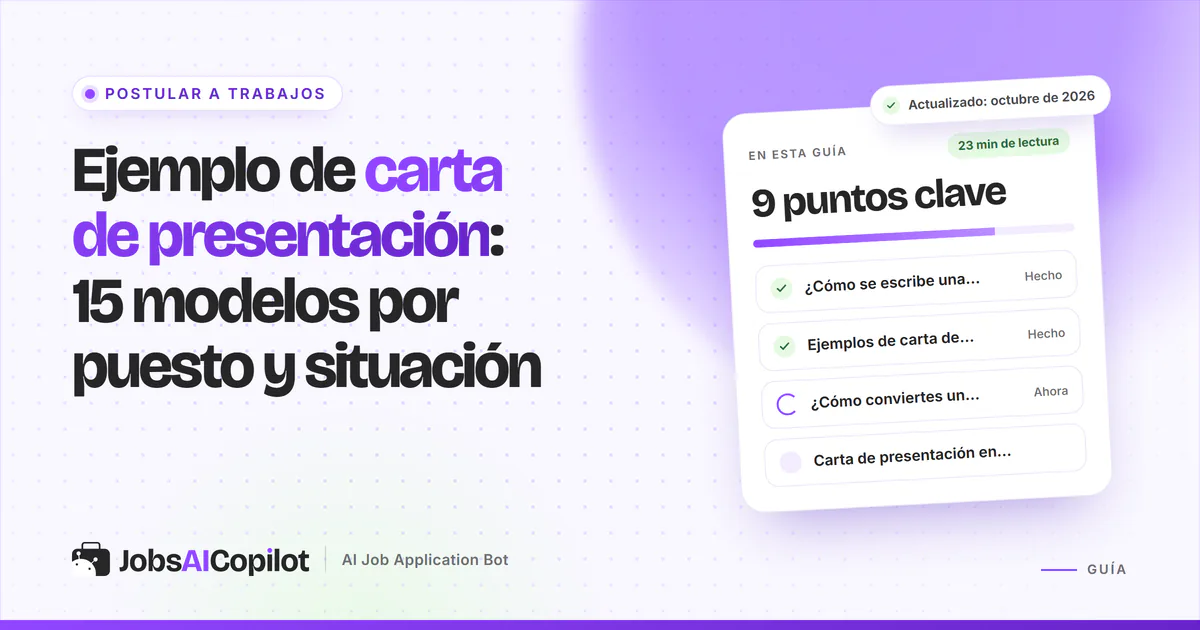 Ejemplo de carta de presentación: modelos para enfermera, docente y primer empleo en una portada violeta de JobsAICopilot