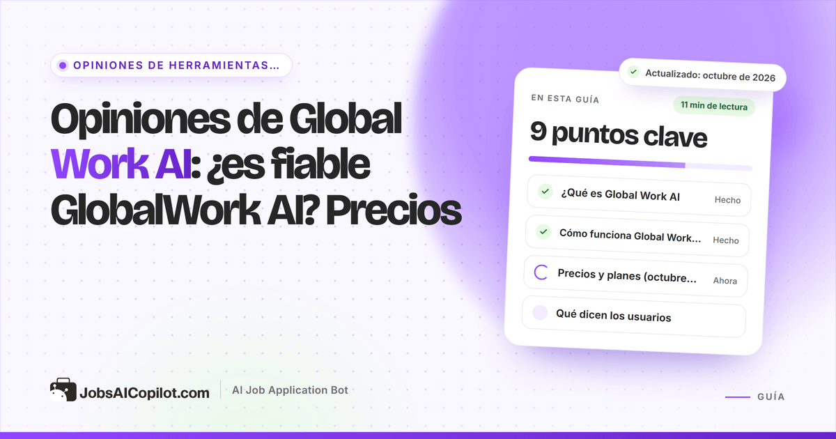 Portada del análisis de Global Work AI: tarjeta con la pregunta ¿Es fiable GlobalWork AI? y una lista de precios y veredicto