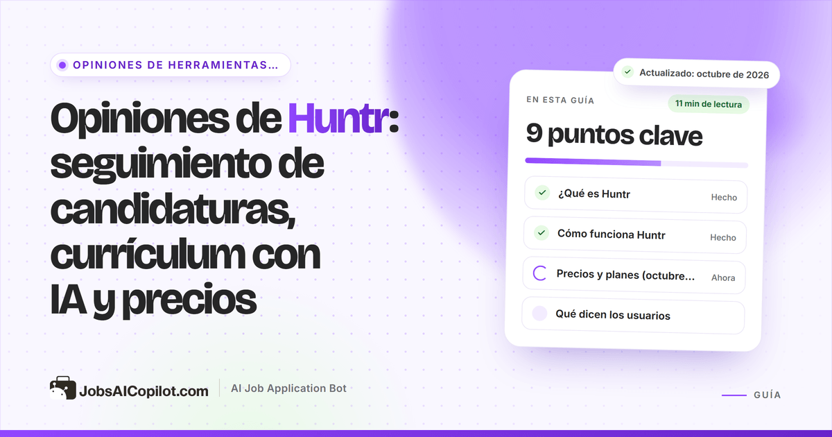 Portada del análisis de Huntr: seguimiento de candidaturas, currículum con IA y precios, junto a una lista de veredicto
