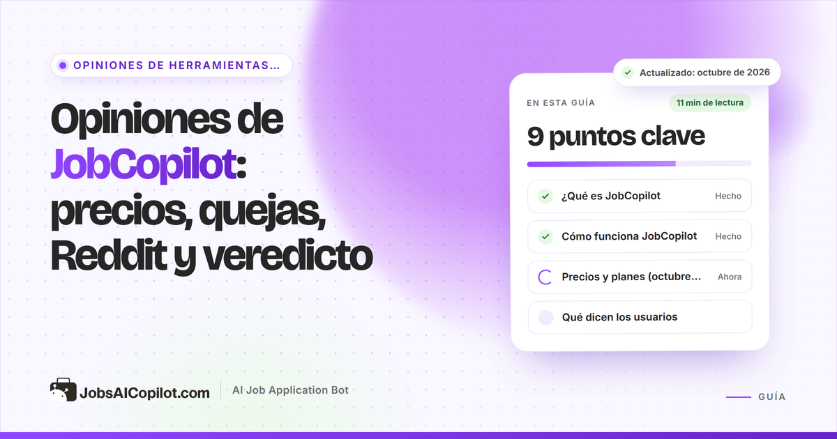 Portada del análisis de JobCopilot: tarjeta con precios, quejas, Reddit y veredicto junto a una lista de comprobación