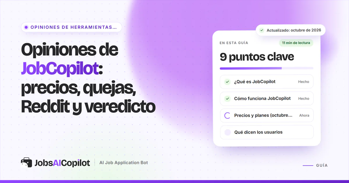 Portada del análisis de JobCopilot: tarjeta con precios, quejas, Reddit y veredicto junto a una lista de comprobación