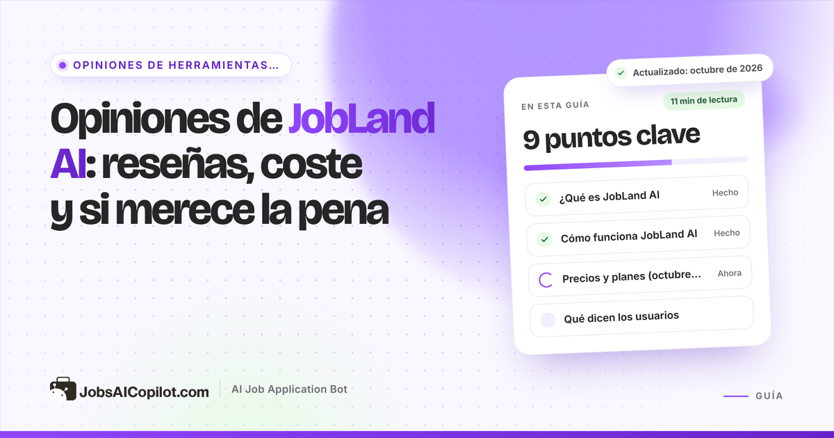 Portada del análisis de JobLand AI: tarjeta sobre reseñas, coste y si merece la pena junto a una lista de veredicto