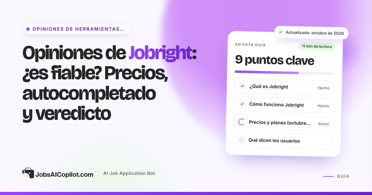 Portada del análisis de Jobright: ¿es fiable?, precios, autocompletado y veredicto, junto a una lista de comprobación