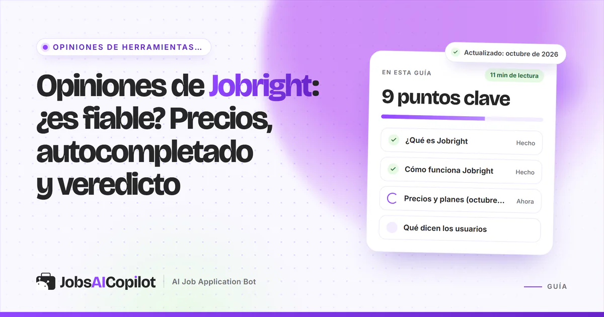 Portada del análisis de Jobright: ¿es fiable?, precios, autocompletado y veredicto, junto a una lista de comprobación