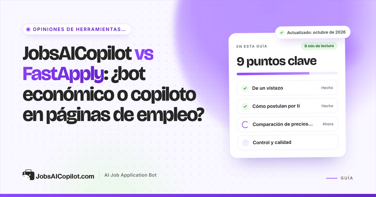 Portada de JobsAICopilot vs FastApply: una extensión del navegador junto a una cola de candidaturas en páginas de empleo