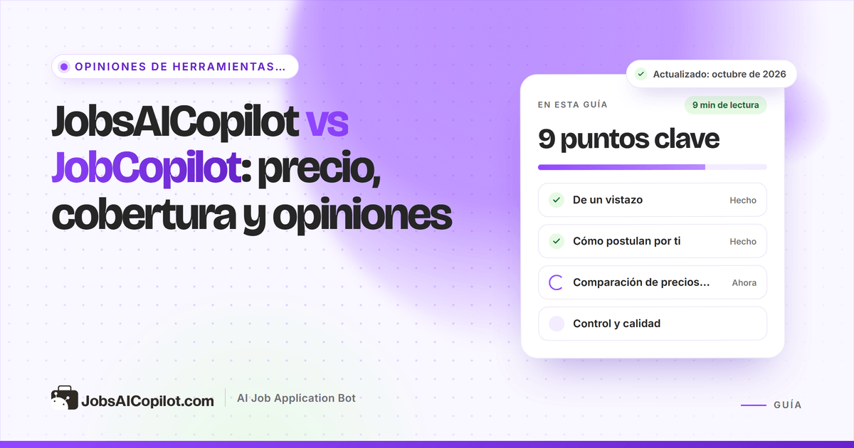 Portada de JobsAICopilot vs JobCopilot: dos tarjetas de planes que comparan precio, cobertura y valoraciones de usuarios