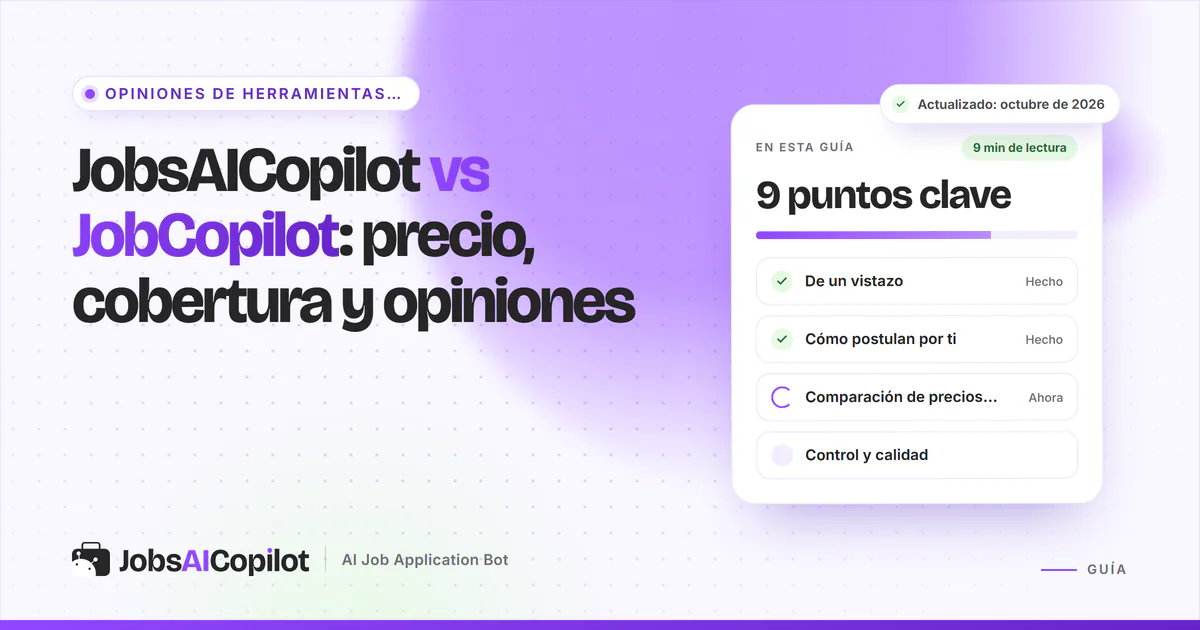 Portada de JobsAICopilot vs JobCopilot: dos tarjetas de planes que comparan precio, cobertura y valoraciones de usuarios