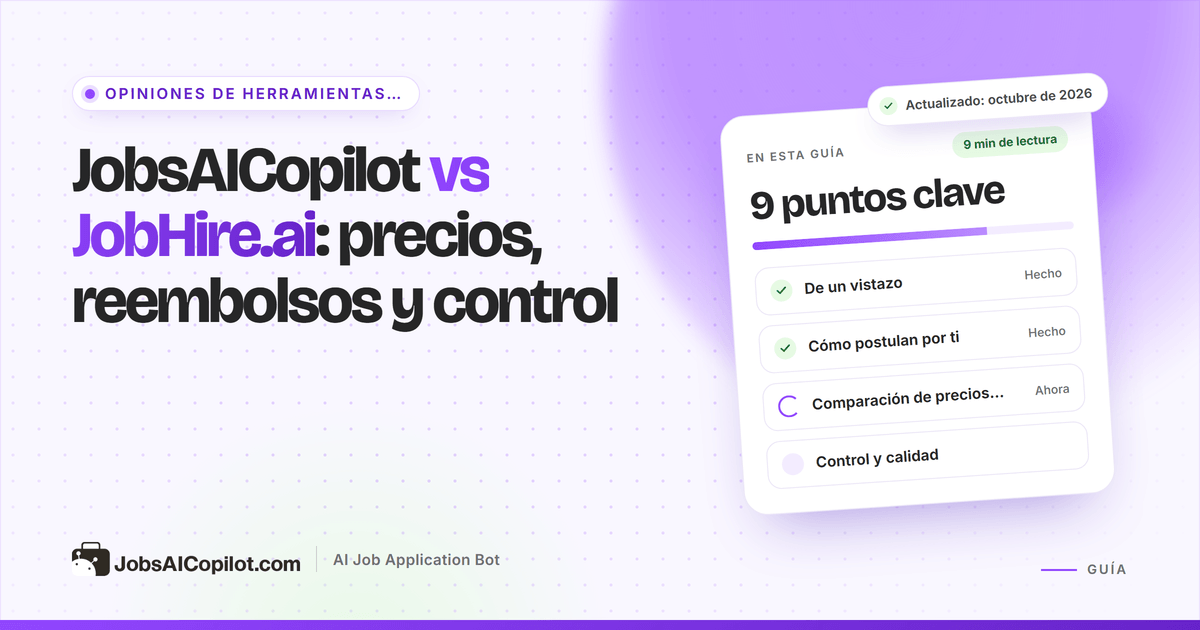 Portada de JobsAICopilot vs JobHire.ai: precios publicados o sin publicar, condiciones de reembolso y límites diarios