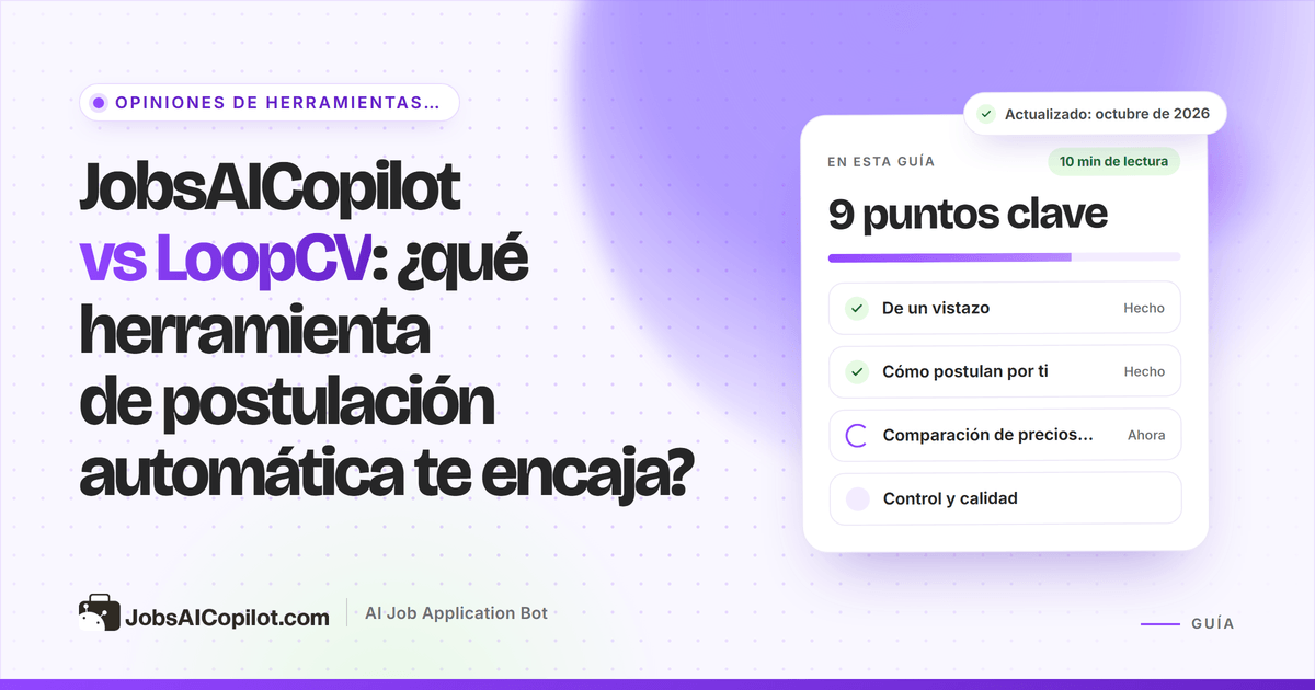 Portada de JobsAICopilot vs LoopCV: dos columnas que comparan precio, límites diarios y control de envíos