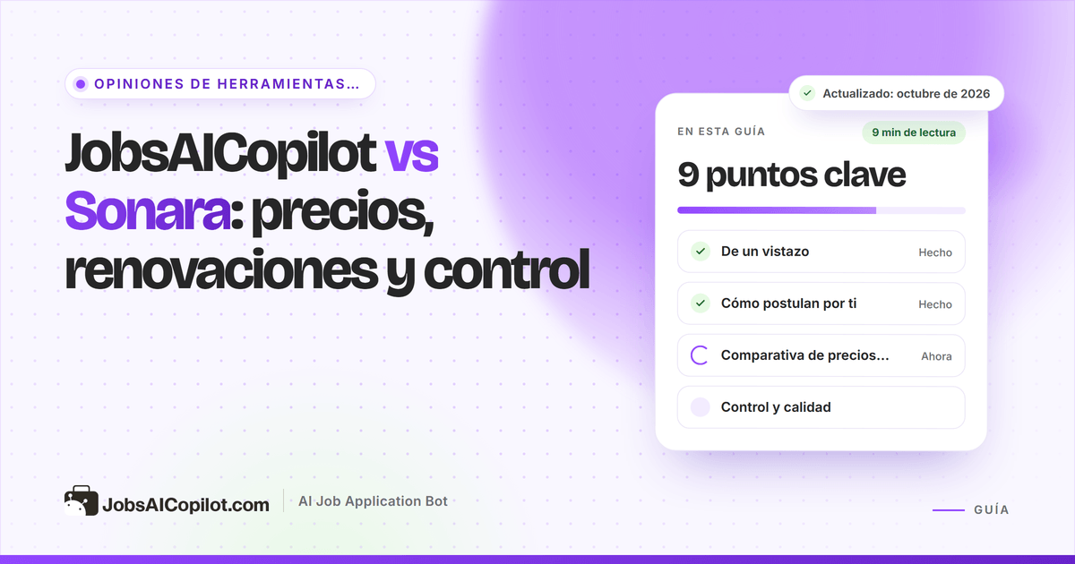 Portada de JobsAICopilot vs Sonara: tarjetas con precios, condiciones de renovación y control de aprobación