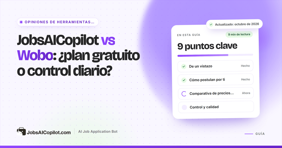 Portada de JobsAICopilot vs Wobo: tarjetas para deslizar y postular junto a una cola diaria de candidaturas con aprobación