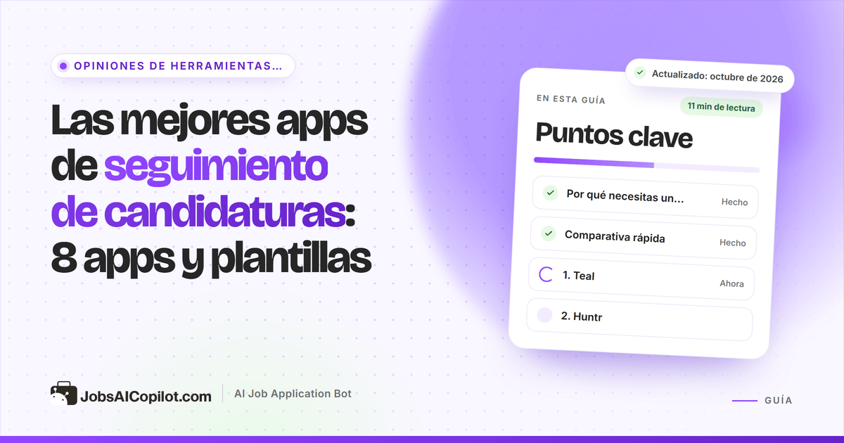 Tablero kanban de seguimiento de candidaturas con columnas guardada, enviada, entrevista y oferta junto a una hoja de cálculo