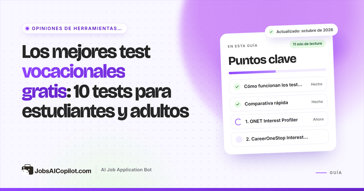 Estudiante haciendo un test vocacional gratis en línea, con resultados de intereses RIASEC y profesiones afines en pantalla