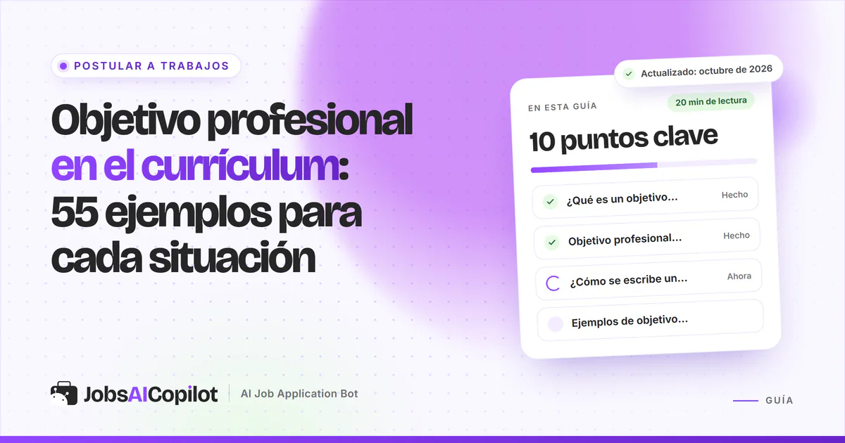 Ejemplos de objetivo profesional: cabecera de un currículum con una frase de objetivo resaltada en portada violeta