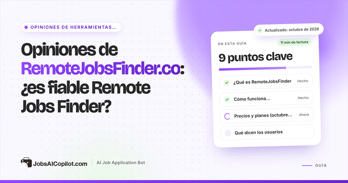 Portada del análisis de RemoteJobsFinder.co: tarjeta con la pregunta ¿Es fiable Remote Jobs Finder? y una lista de veredicto