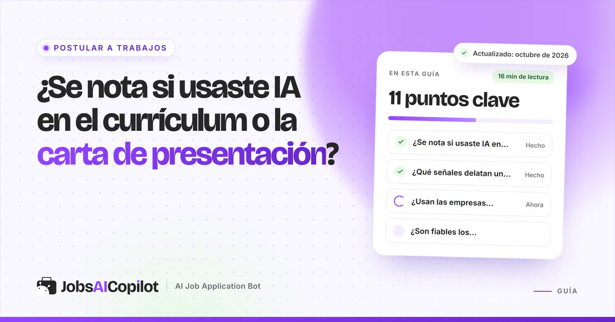 ¿Se nota si usaste IA? Un currículum y una carta de presentación bajo una lupa, en una portada violeta de JobsAICopilot