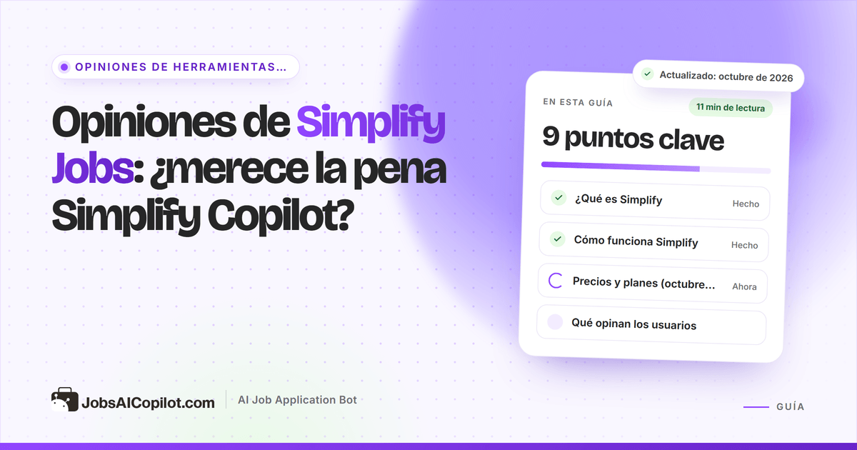 Portada del análisis de Simplify Jobs: tarjeta con la pregunta ¿Merece la pena Simplify Copilot? y una lista de veredicto