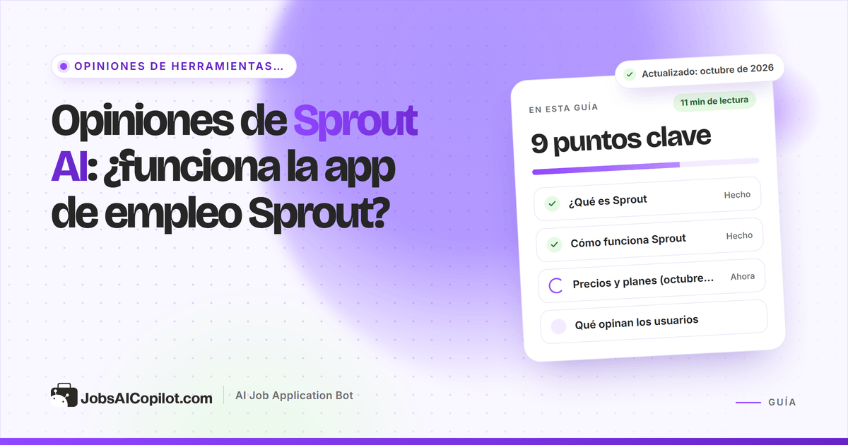 Portada del análisis de Sprout AI: tarjeta con la pregunta ¿Funciona la app de empleo Sprout? y una lista de veredicto