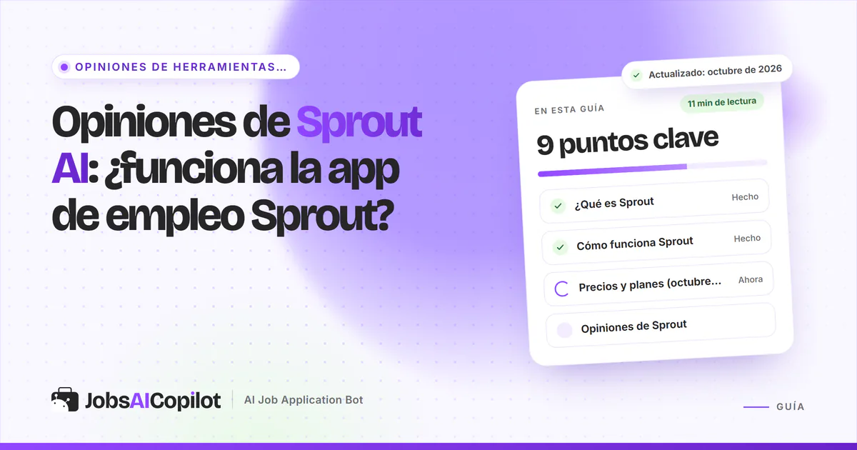 Portada del análisis de Sprout AI: tarjeta con la pregunta ¿Funciona la app de empleo Sprout? y una lista de veredicto
