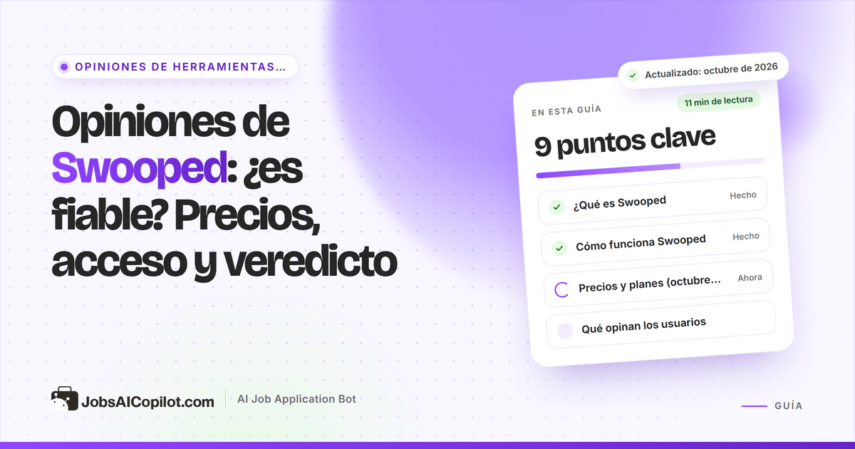 Portada del análisis de Swooped: tarjeta con la pregunta ¿Es fiable Swooped? y una lista de precios, acceso y veredicto