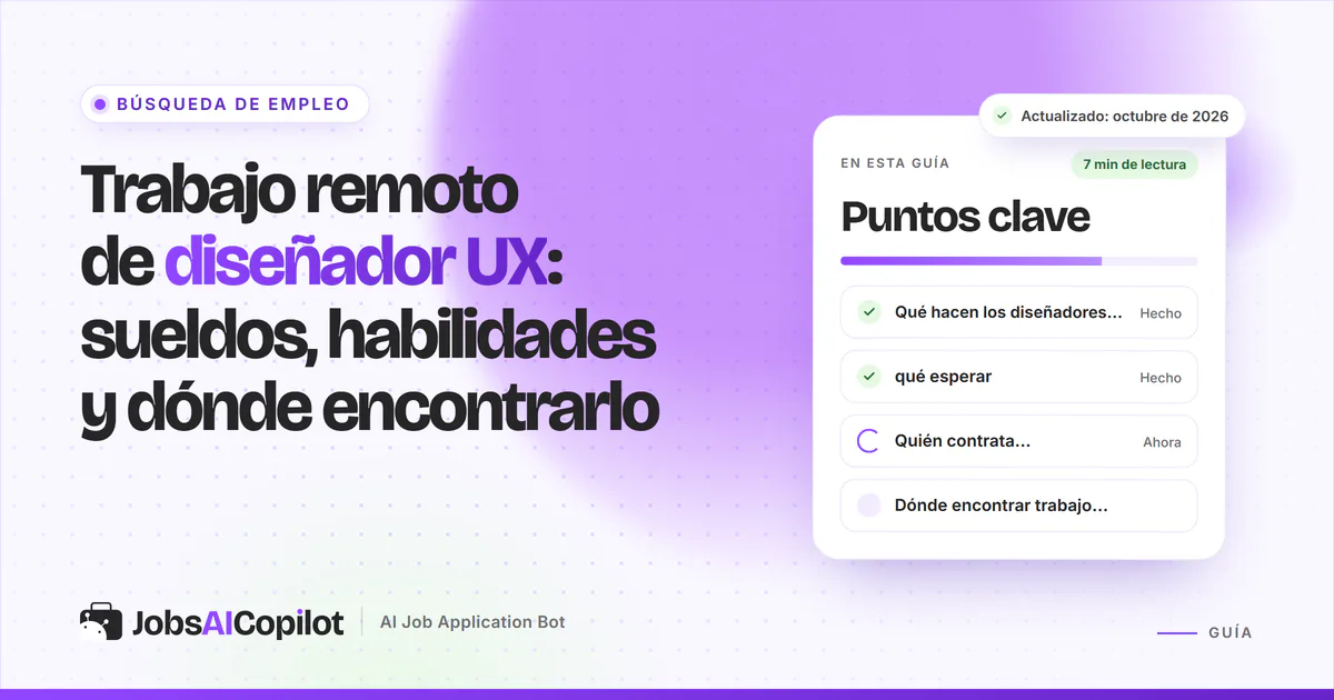 Guía de trabajo remoto de diseñador UX con lista de puntos clave: funciones, sueldos, quién contrata y dónde buscar ofertas