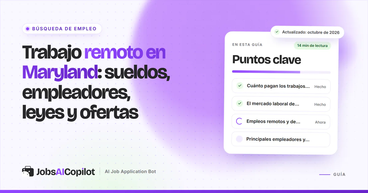 Trabajo remoto en Maryland: radar de empleo con ciberseguridad y atención al cliente en una portada de JobsAICopilot