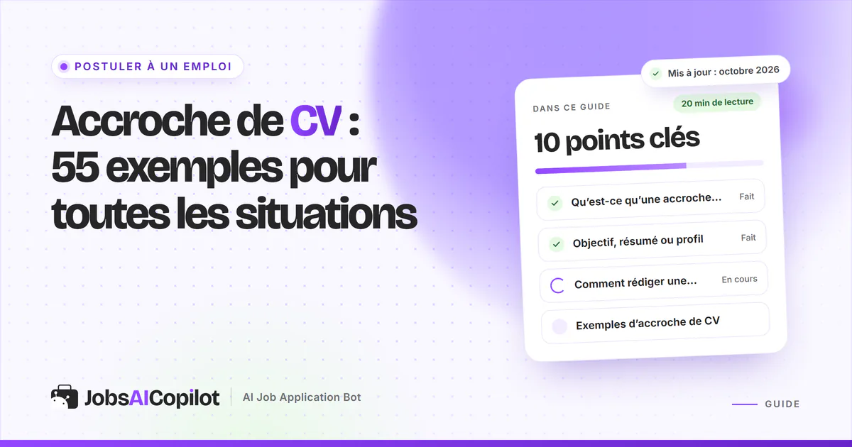 Exemples d’accroche de CV : en-tête de CV avec une courte phrase d’accroche mise en valeur sur une couverture violette