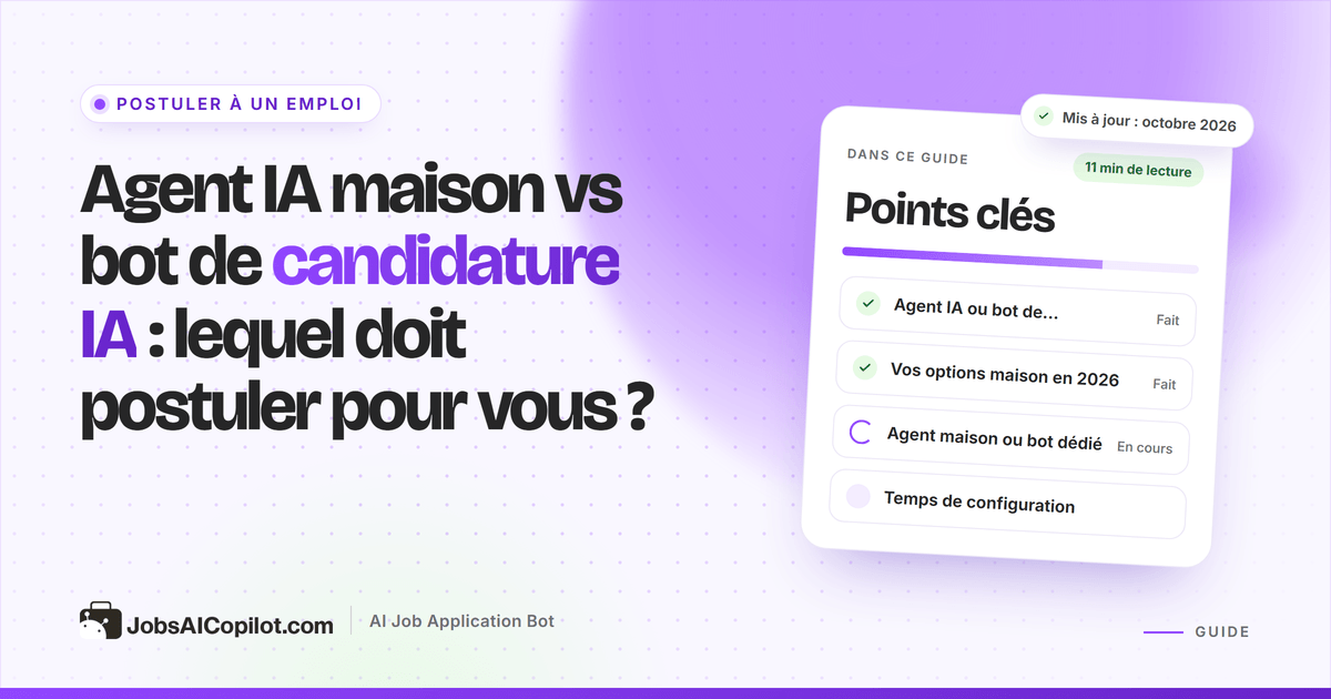 Écran partagé comparant le flux de travail d’un agent IA fait maison et le tableau de bord d’un bot de candidature IA dédié