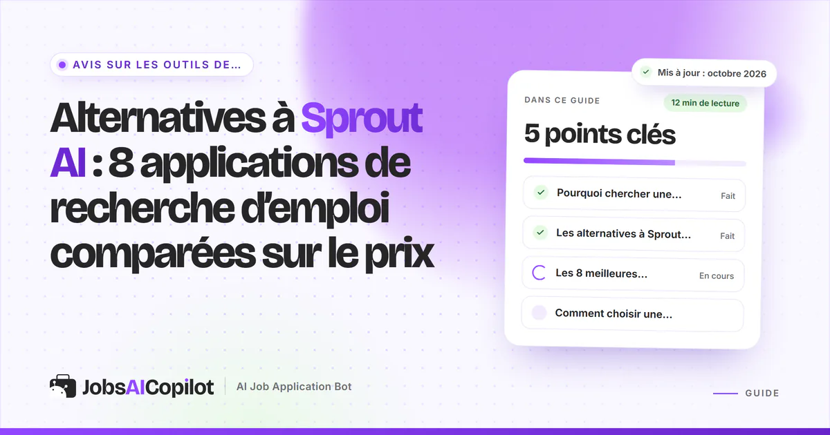 Alternatives à Sprout AI : huit outils de candidature comparés sur le prix par candidature, sur une couverture violette