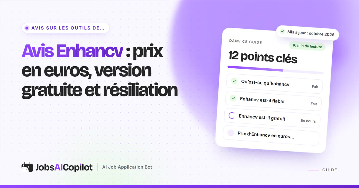 Avis Enhancv : prix en euros, plan de 7 jours, remboursement et notes Trustpilot sur une couverture violette JobsAICopilot