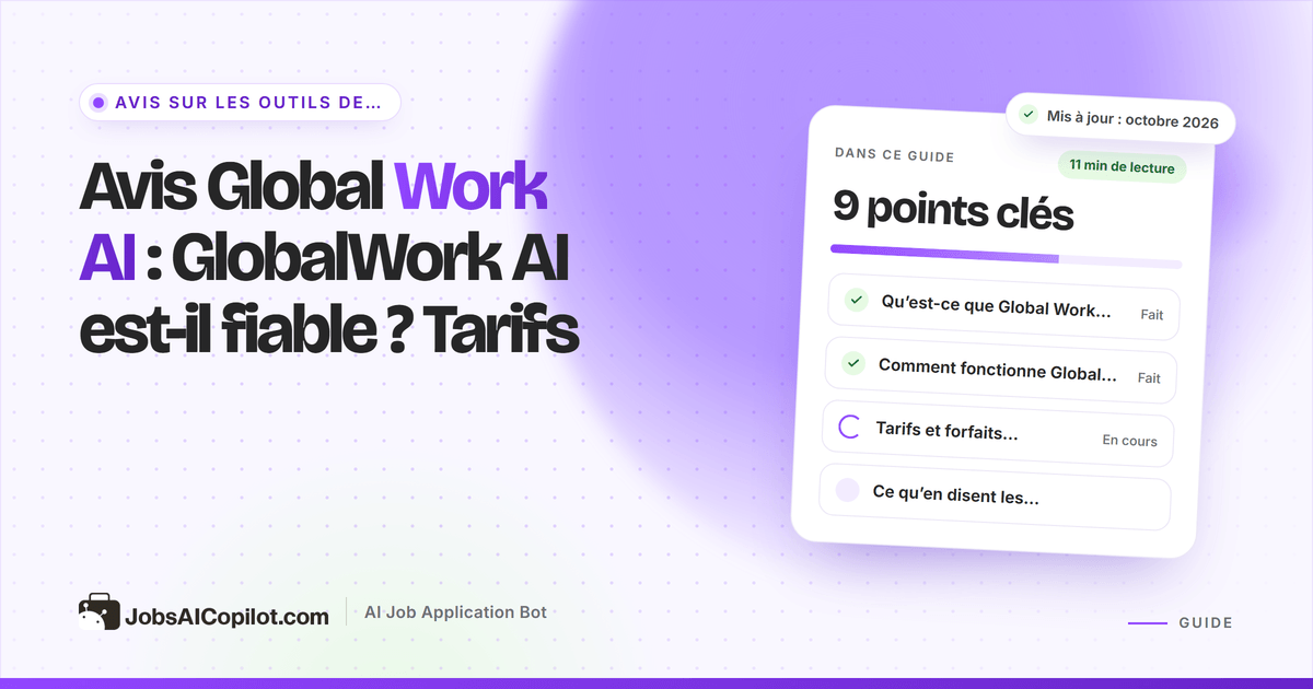 Couverture de l’avis Global Work AI : titre « GlobalWork AI est-il fiable ? » et une liste de contrôle tarifs et verdict