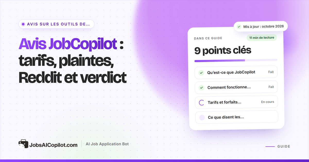 Couverture de l’avis JobCopilot : titre « Tarifs, plaintes, Reddit et verdict » à côté d’une liste de contrôle de verdict