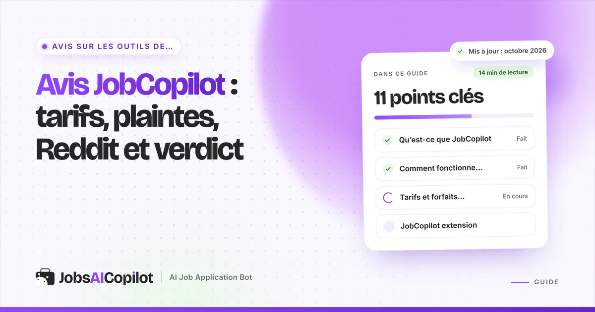 Couverture de l’avis JobCopilot : titre « Tarifs, plaintes, Reddit et verdict » à côté d’une liste de contrôle de verdict