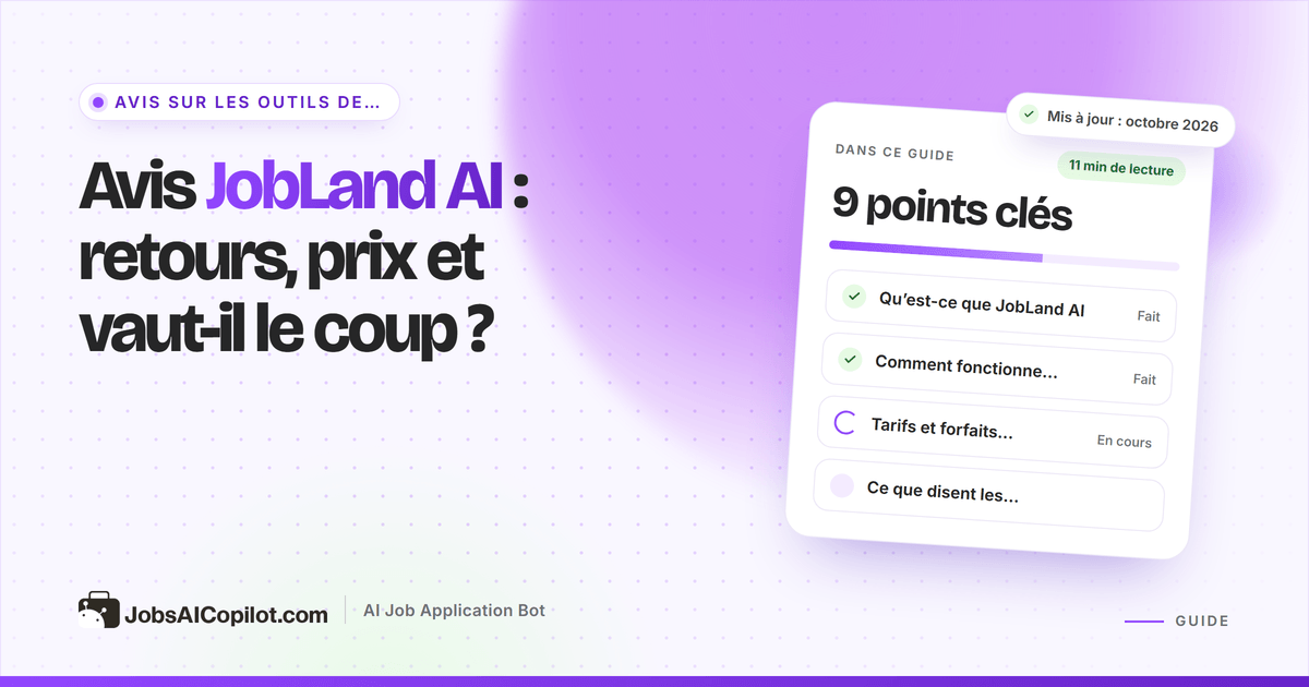 Couverture de l’avis JobLand AI : titre sur les avis, le coût et l’intérêt du service, et une liste de contrôle de verdict