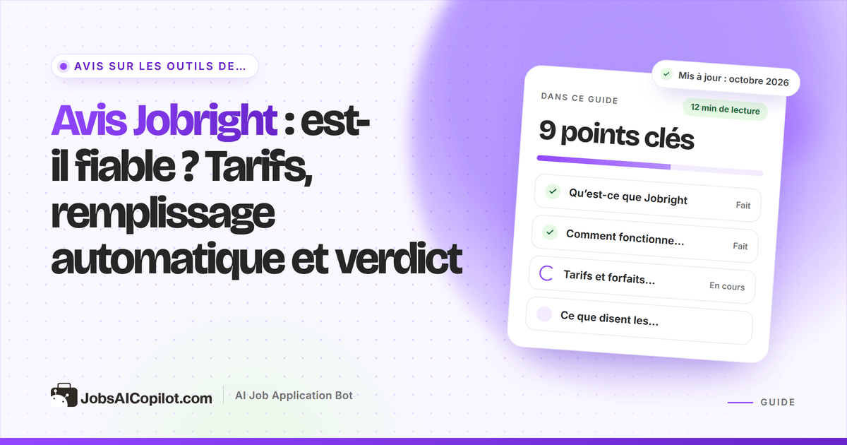 Couverture de l’avis Jobright : titre « Est-il fiable ? Tarifs, remplissage automatique et verdict » et une liste de contrôle