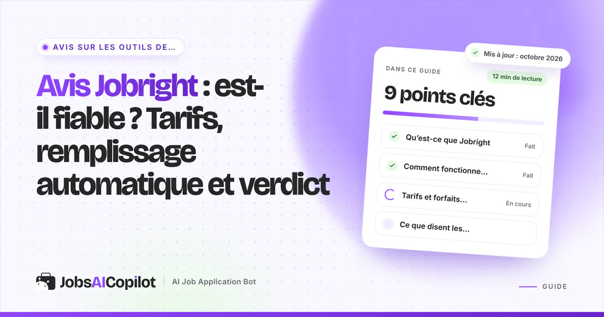 Couverture de l’avis Jobright : titre « Est-il fiable ? Tarifs, remplissage automatique et verdict » et une liste de contrôle