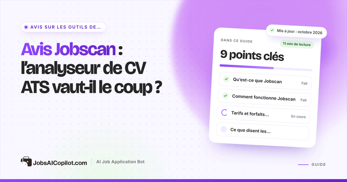 Couverture de l’avis Jobscan : titre « L’analyseur de CV ATS vaut-il le coup ? » à côté d’une liste de verdict