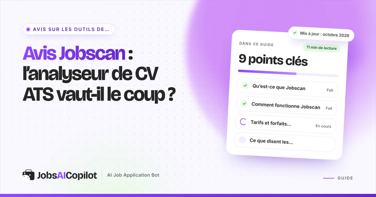 Couverture de l’avis Jobscan : titre « L’analyseur de CV ATS vaut-il le coup ? » à côté d’une liste de verdict