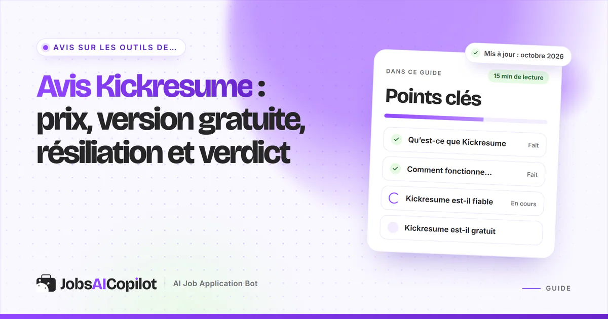 Avis Kickresume : prix en euros, offre gratuite, remboursement et notes Trustpilot sur une couverture violette JobsAICopilot