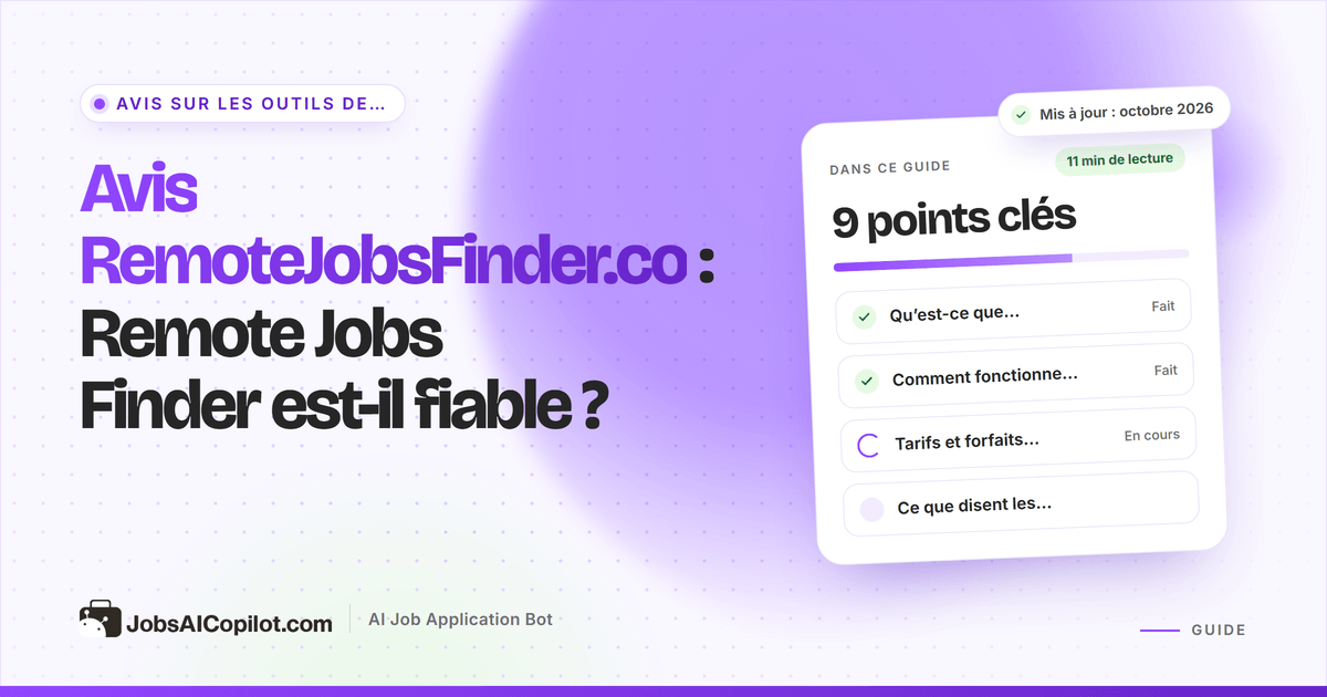 Couverture de l’avis RemoteJobsFinder.co : titre « Remote Jobs Finder est-il fiable ? » à côté d’une liste de verdict