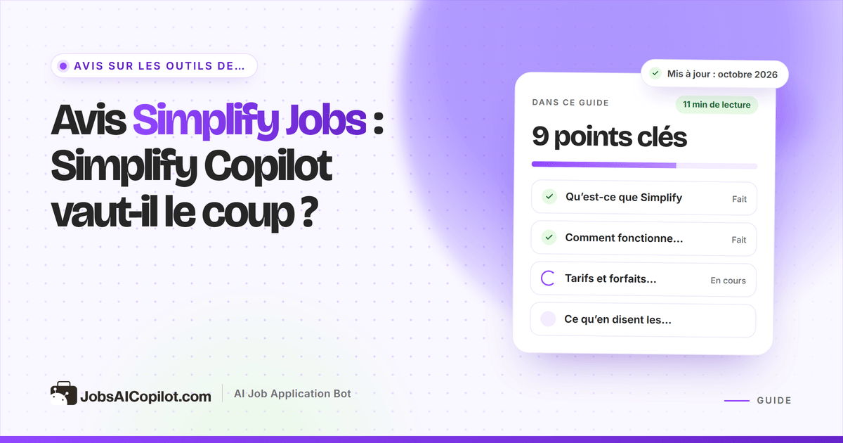 Couverture de l’avis Simplify Jobs : titre « Simplify Copilot vaut-il le coup ? » à côté d’une liste de verdict