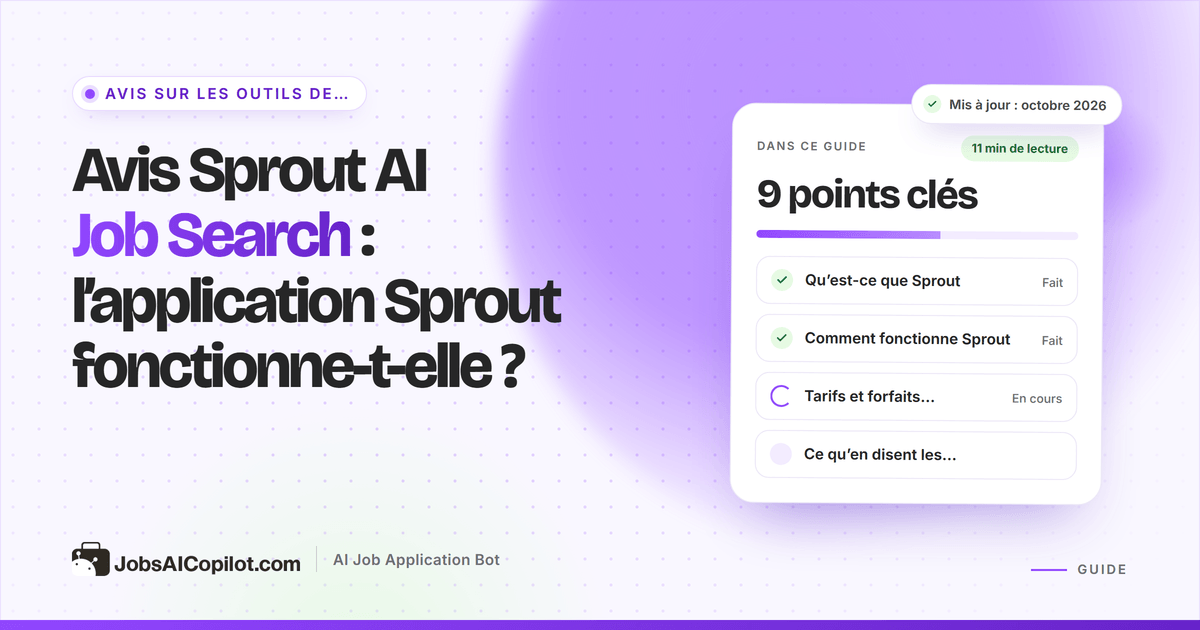 Couverture de l’avis Sprout AI Job Search : titre « L’application Sprout fonctionne-t-elle ? » et liste de verdict