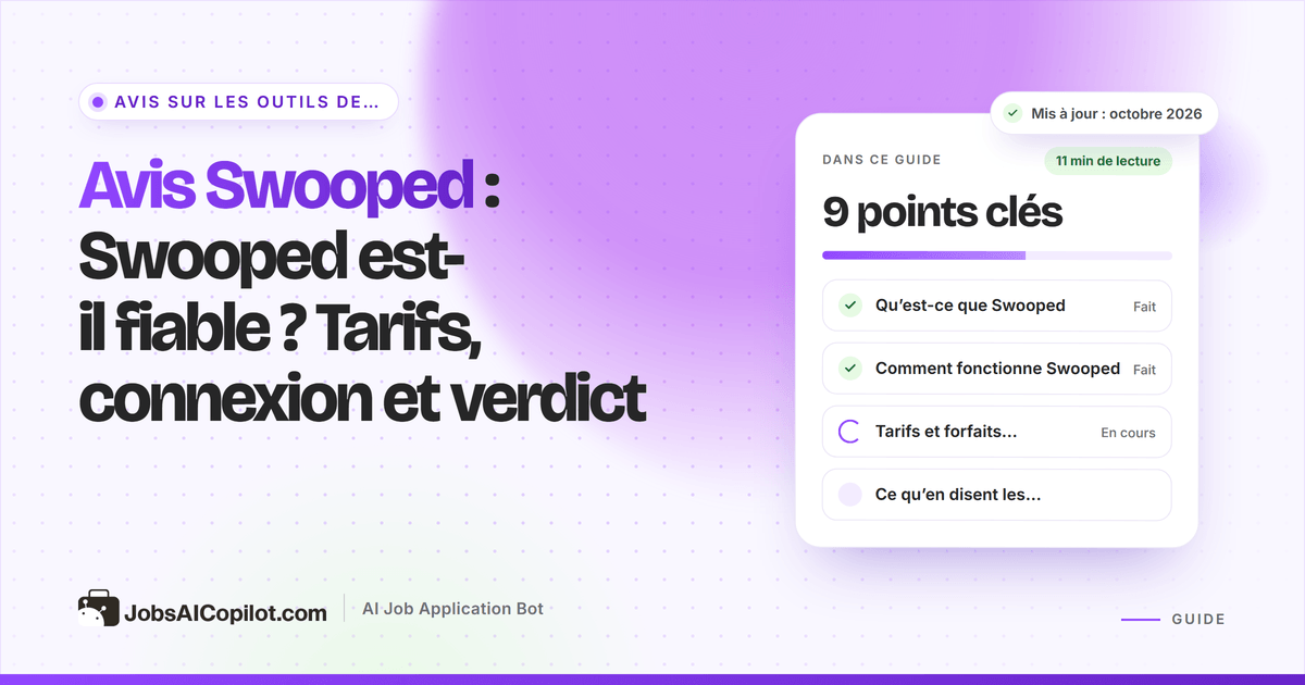 Couverture de l’avis Swooped : titre « Swooped est-il fiable ? » avec une liste tarifs, connexion et verdict
