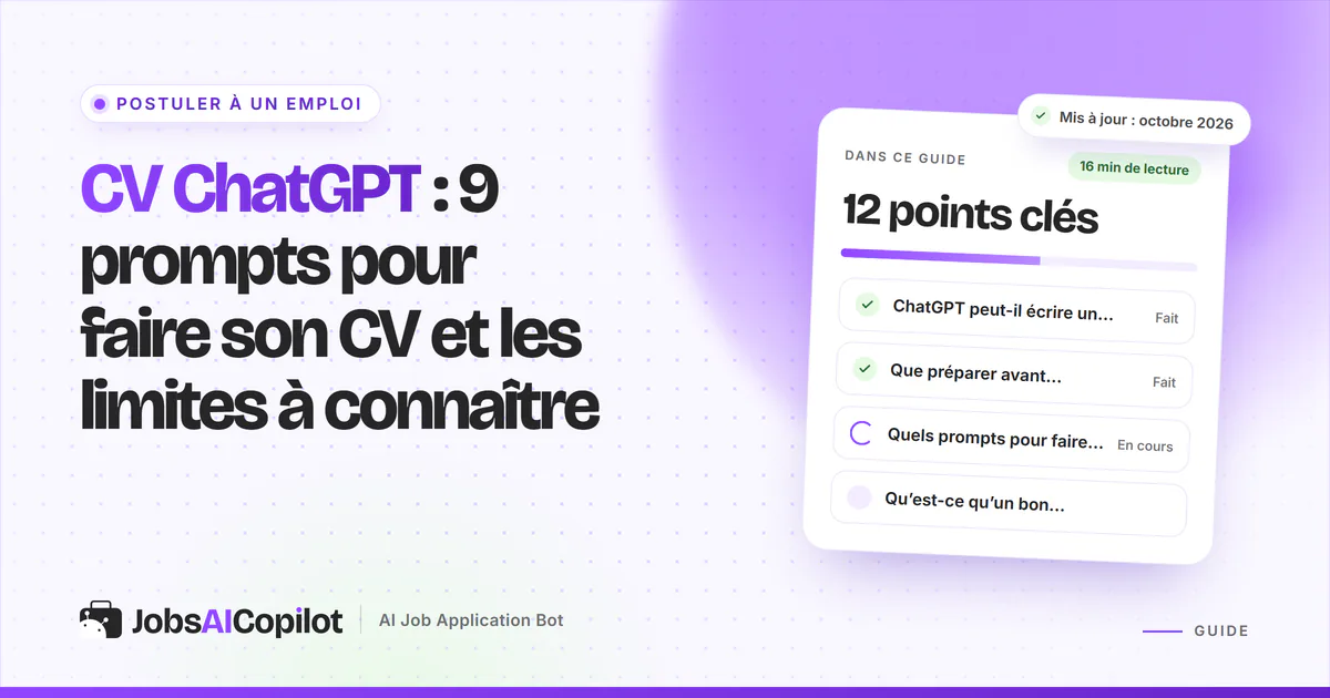 Prompts ChatGPT pour un CV : fenêtre de discussion à côté d’un CV d’une page dont les chiffres inventés sont signalés