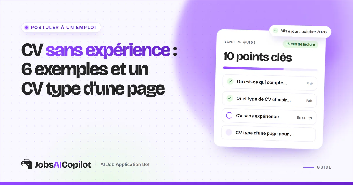 CV sans expérience : un CV d’une page avec formation et compétences sur une couverture violette JobsAICopilot