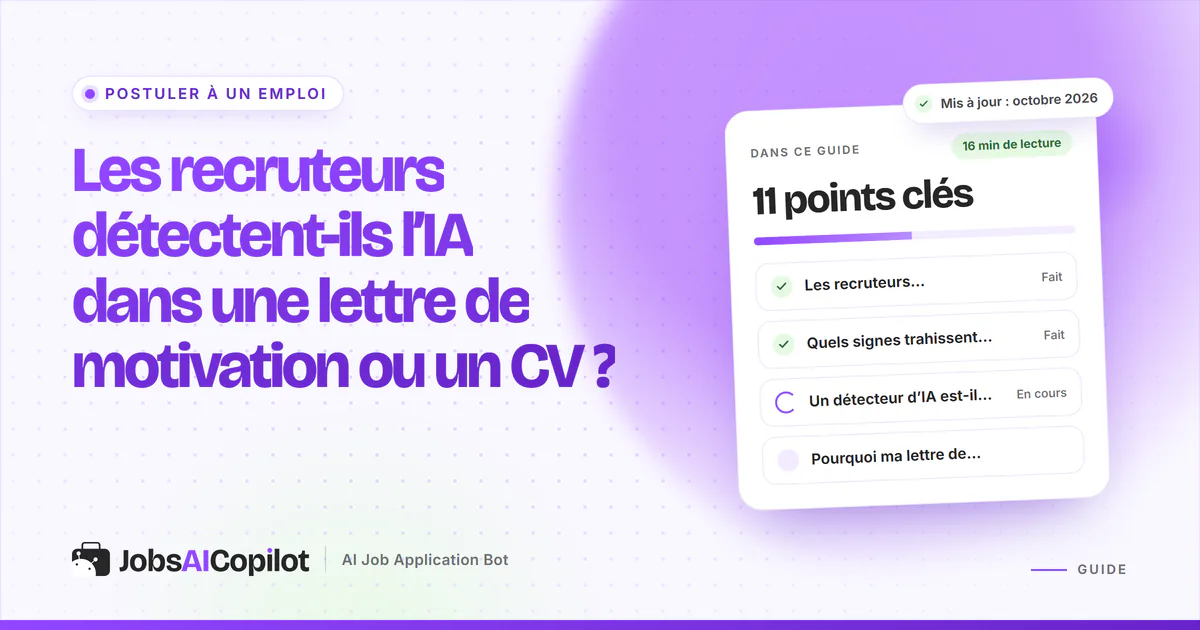 Détecteur d’IA : une lettre de motivation et un CV sous une loupe, sur une couverture violette JobsAICopilot
