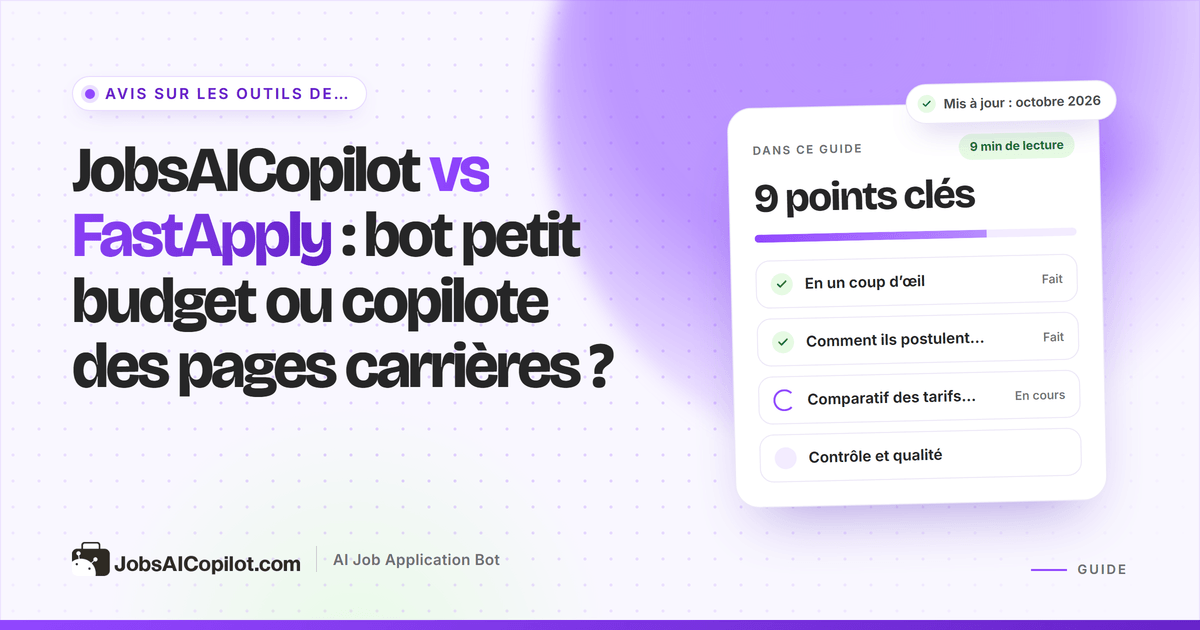 JobsAICopilot vs FastApply : panneau d’extension de navigateur à côté d’une file de candidatures sur pages carrières